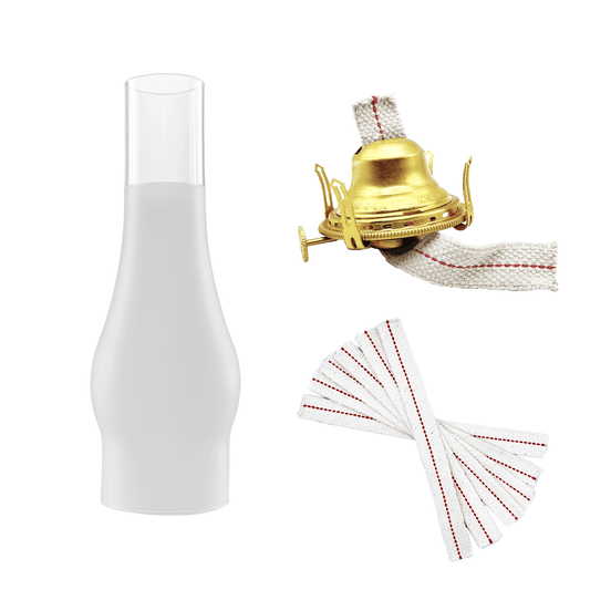 Light of Mine - Oil Lamp Replacement Kit Including 3" x 10" Frosted Chimney, Queen Anne Solid Brass Burner, and 3/4" Replacement Wick Strips (3" x 10" Frosted Chimney, Brass Burner, Wick)