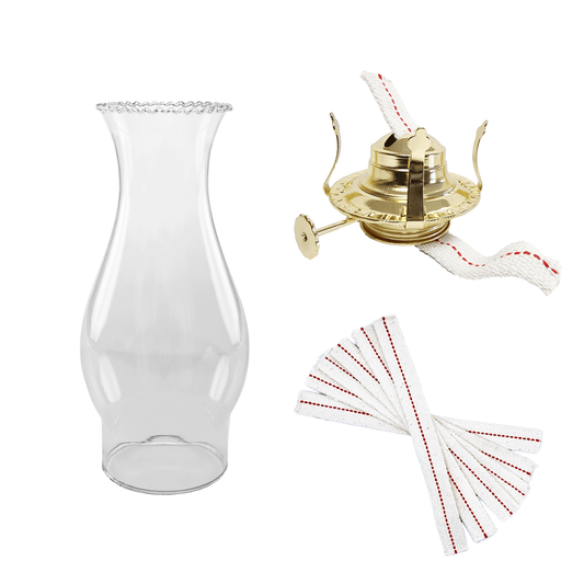 Light of Mine - Oil Lamp Replacement Kit Including 3" x 8 ½” Crimped Top Chimney, #2 Brass Plated Burner, and ¾" Replacement Wick Strips (Crimped Chimney, #2 Burner, Wick)