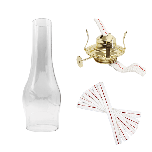 Light of Mine - Oil Lamp Replacement Kit Including 3" x 10" Slim Chimney, #2 Brass Plated Burner, and 3/4" Replacement Wick Strips (3" x 10" Slim Chimney, #2 Burner, Wick)