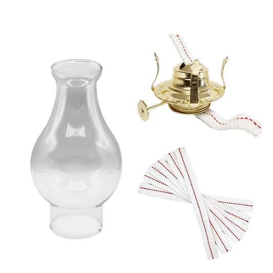 Light of Mine - Oil Lamp Replacement Kit Including 3" x 8 ½" with 4 ¾" Bulge Smooth Top Chimney, #2 Brass Plated Burner, and ¾” Replacement Wick Strips (Crisa Chimney, #2 Burner, Wick)