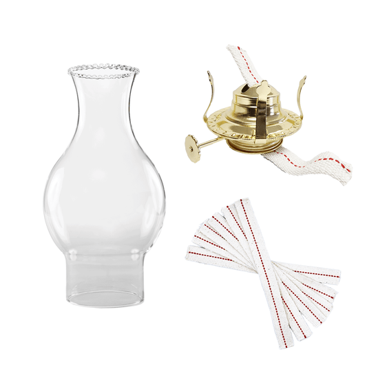 Light of Mine - Oil Lamp Replacement Kit Including 3" x 8 ½” with 4 ¾" Bulge Beaded Top Chimney, #2 Brass Plated Burner, and ¾" Replacement Wick Strips (Beaded Chimney, #2 Burner, Wick)