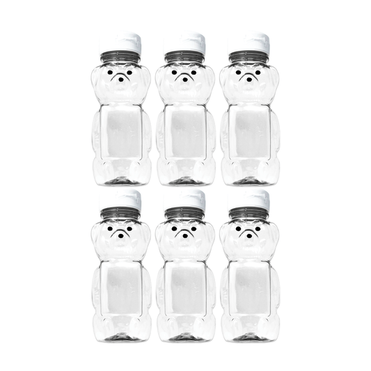 Clearview Containers - 6 Pack of 12 Ounce Clear Honey Bears with Sealable White Flip Top Lids (12 oz. Clear Bear, 6pk, White)