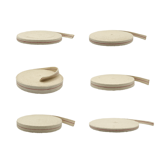 Light of Mine - 3/8", 1/2", 5/8", 3/4", 7/8", and 1" - 33' Foot, 100% Cotton Flat Wick - 6 Pack Bundle, for Paraffin Oil, Kerosene Based Lanterns, and Oil Lamps with Genuine Red Stitch