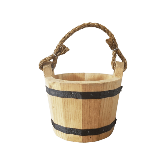 Wooden Bucket 6" x 8" Water Wishing Well Pail with Rope Twine Handle Solid Wood Vintage Style Primitive Planter Handmade in The USA