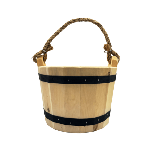 Wooden Bucket 8" x 10" Water Wishing Well Pail with Rope Twine Handle Solid Wood Vintage Style Primitive Planter Handmade in The USA