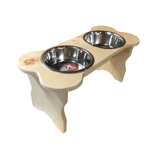 Good Wood Primitive Bone Shaped Pine Wood Dog Bowl Stand for Medium, Large Dogs Rustic Natural, Wooden Feeder Dish Holder Unfinished