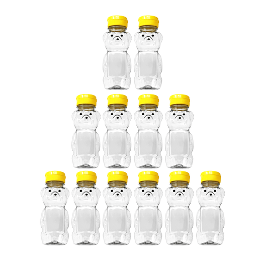 Clearview Containers - 12 Pack of 12 Ounce Clear Honey Bears with Sealable Yellow Flip Top Lids (12 oz. Clear Bear, 12pk, Yellow)