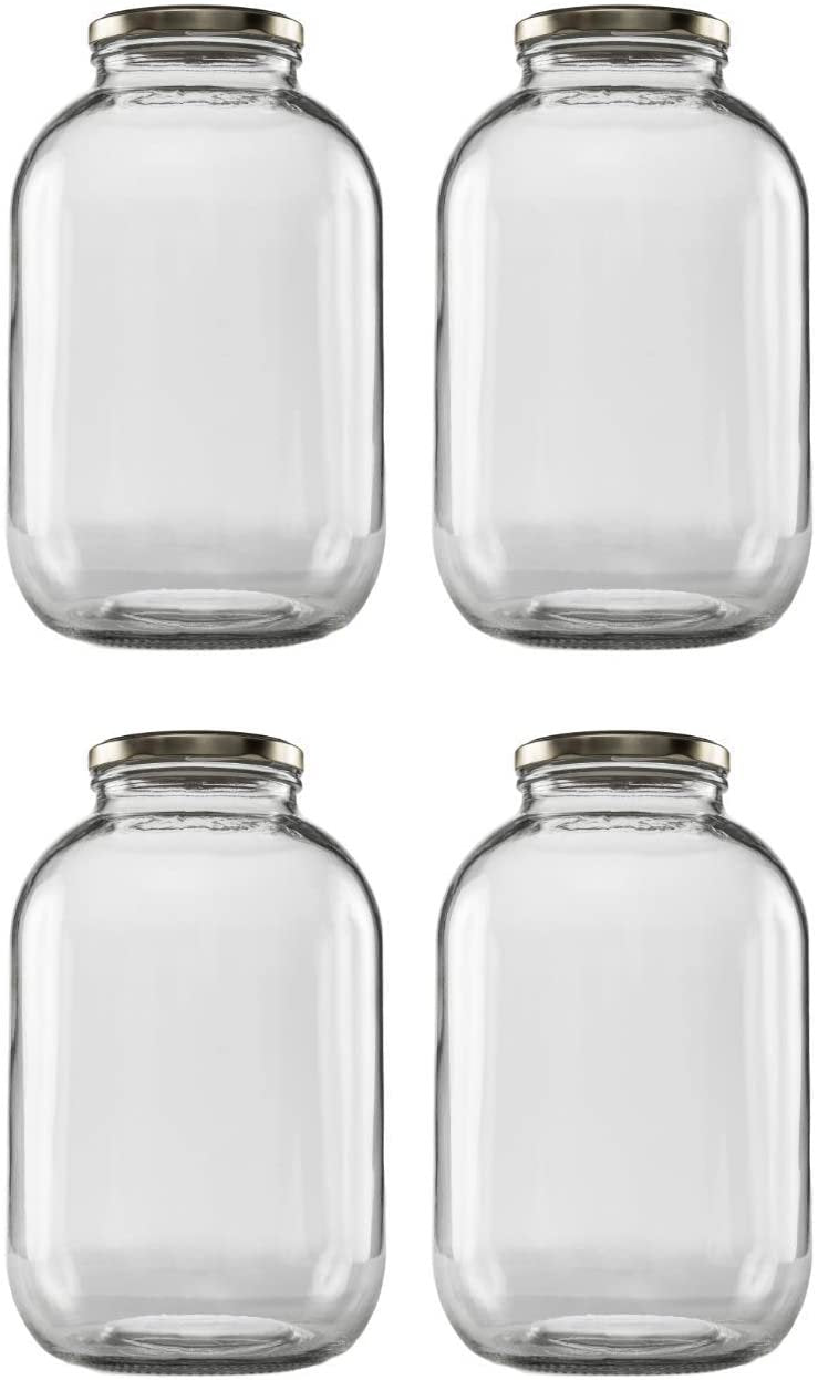 Wide Mouth Glass Jug Mason Jar with Gold Cap Metal Lug Lid/Ferment & Store Kombucha Tea or Kefir/Use for Canning, Storing, Pickling & Preserving Dishwasher Safe, Airtight Liner Seal, 1 gallon (1)