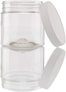 Pack of 6 Crystal Clear PET Plastic Wide Mouth Jars with Pressurized White Screw on cap lids and containers in the U.S.A.!!! (8 ounce) É