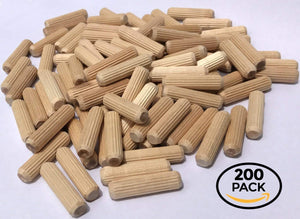 200 Pack 3/8" x 1 1/2" Wooden Dowel Pins Wood Kiln Dried Fluted and Beveled, Made of Hardwood in U.S.A.