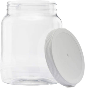 1/2 Gallon 2 Quart Plastic Wide Mouth Jar with Pressurized Seal White screw on cap lid and Container Shatter-Proof BEST American BPA Free crystal clear PET